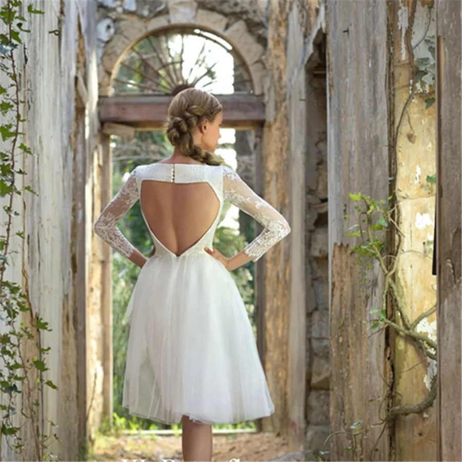 Vestido de noiva curto ТРАПЕЦИЕВИДНОЕ Короткое свадебное платье с v-образным вырезом и открытой спиной, платье длиной до колен с рукавом три четверти, свадебное платье