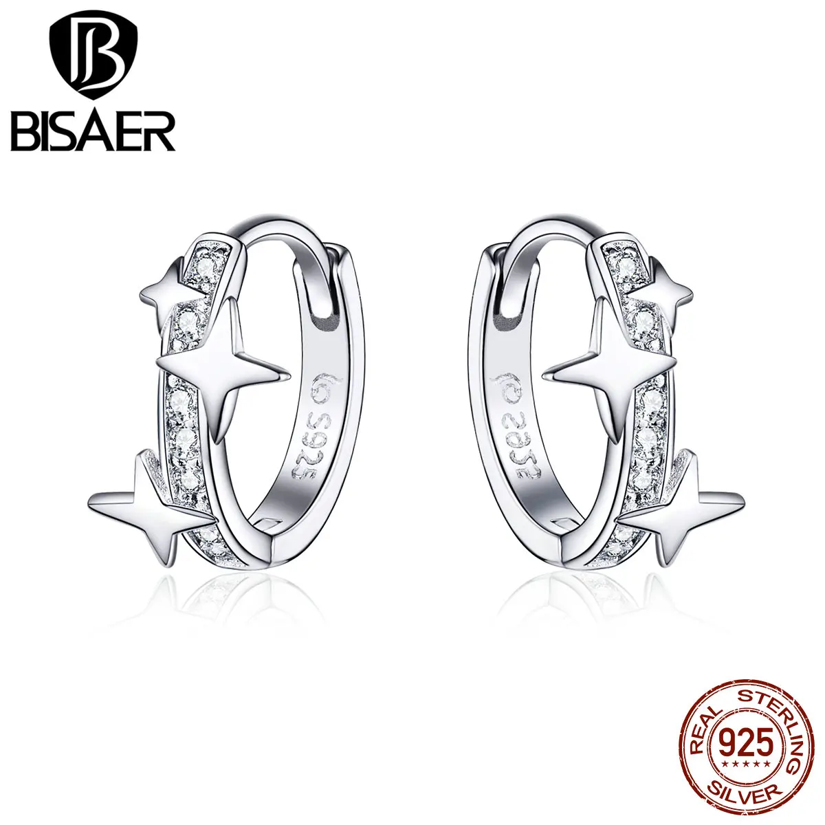 BISAER,, 925 пробы, серебряные светящиеся серьги-гвоздики со звездами для женщин, круглые, Круглые, со звездами, Женские Ювелирные изделия, Brincos EFE076
