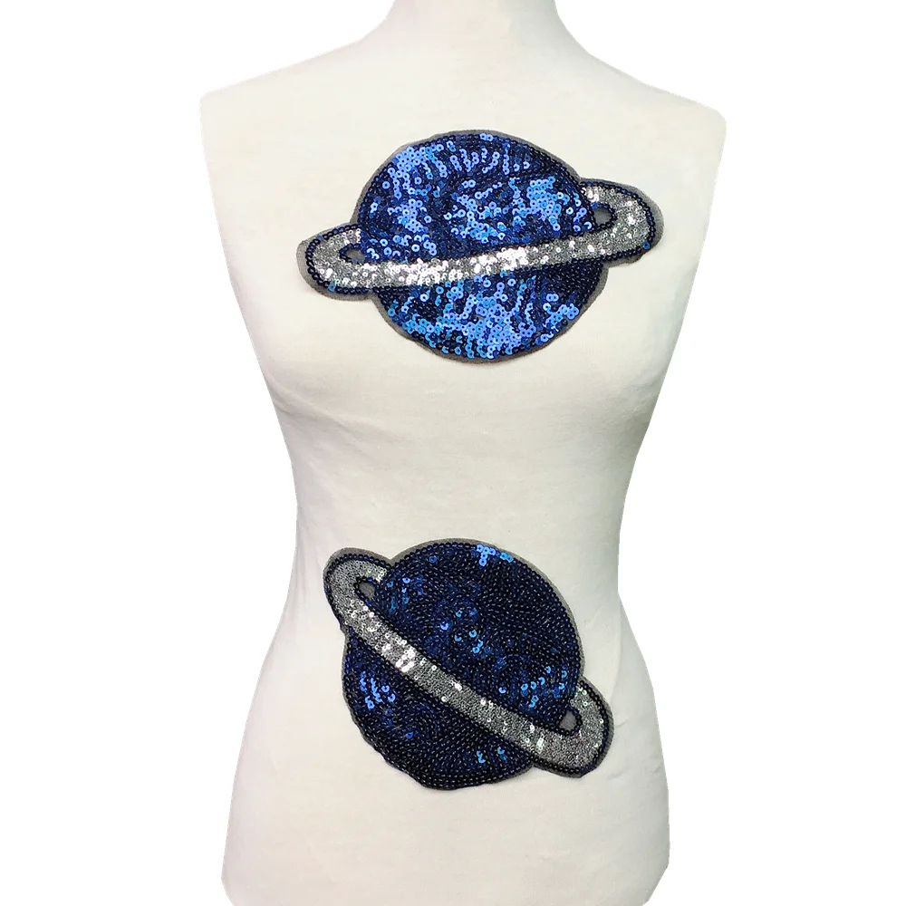 6 шт. вышитая нашивка с блестками в виде большой планеты синими бусинами