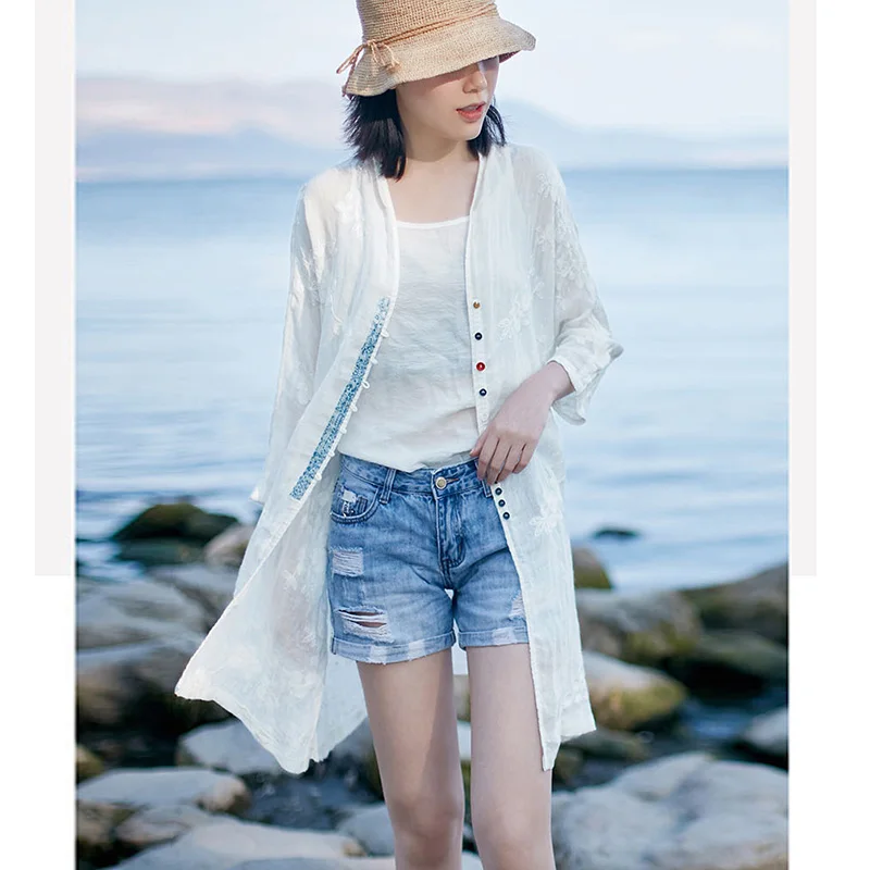 Женский винтажный лоскутный Топ SCUWLINEN свободный льняной Тренч в китайском стиле