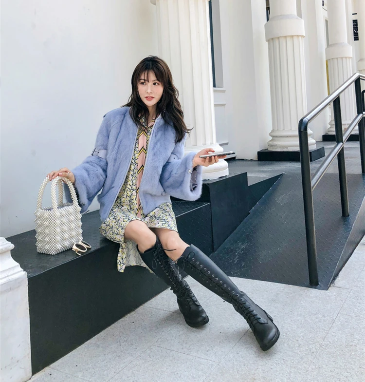 Mink Whole Fur Women short Sportswear with O-neck Collar Winter Thick Slim Warm Female Mink Fur Jacket