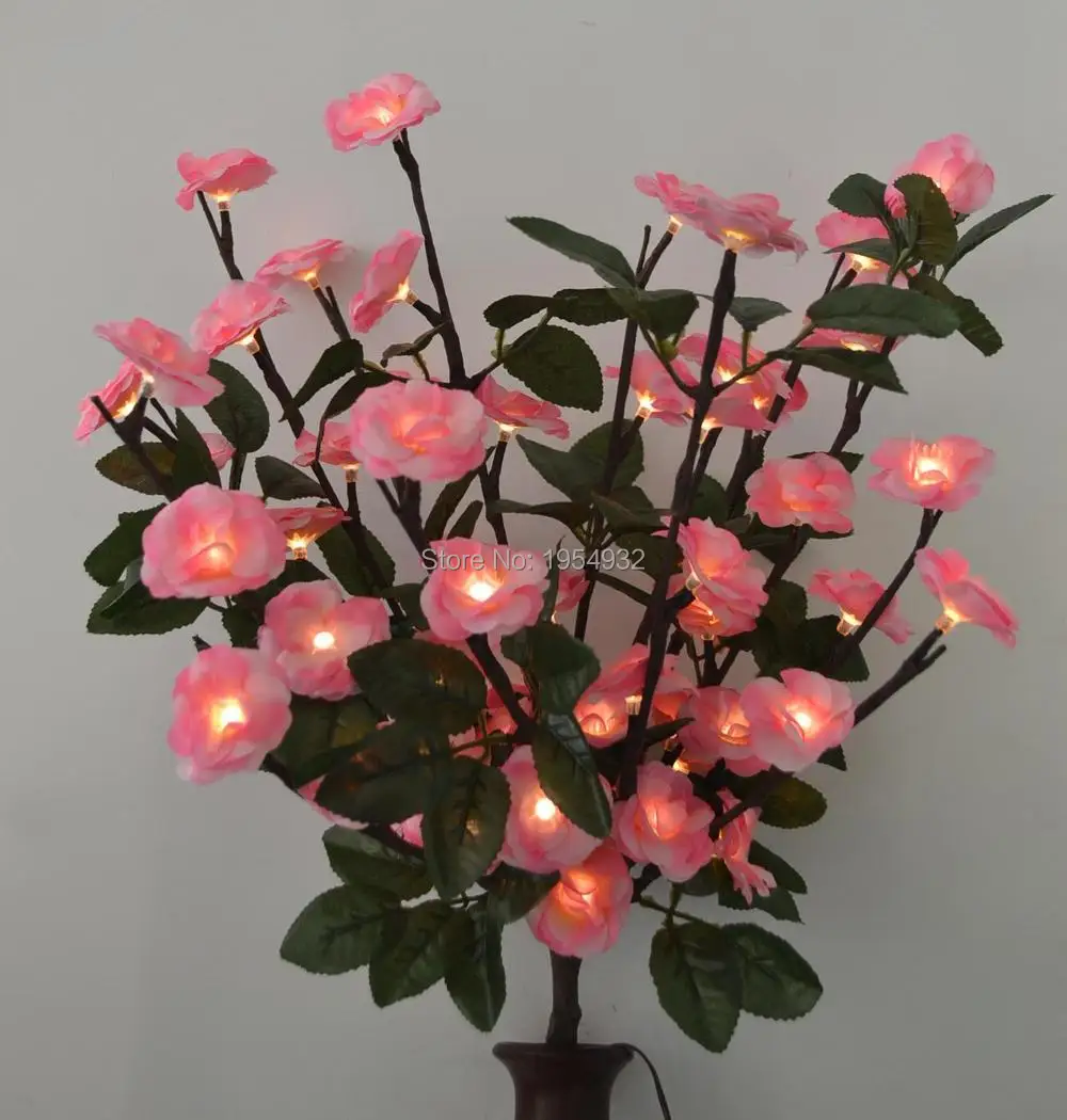 

Free Shipping Battery 60 LED Blossom Rose Flower Branch Light in 20" with Green Leaf Decoration, 3V Voltage Timmer Battery Box