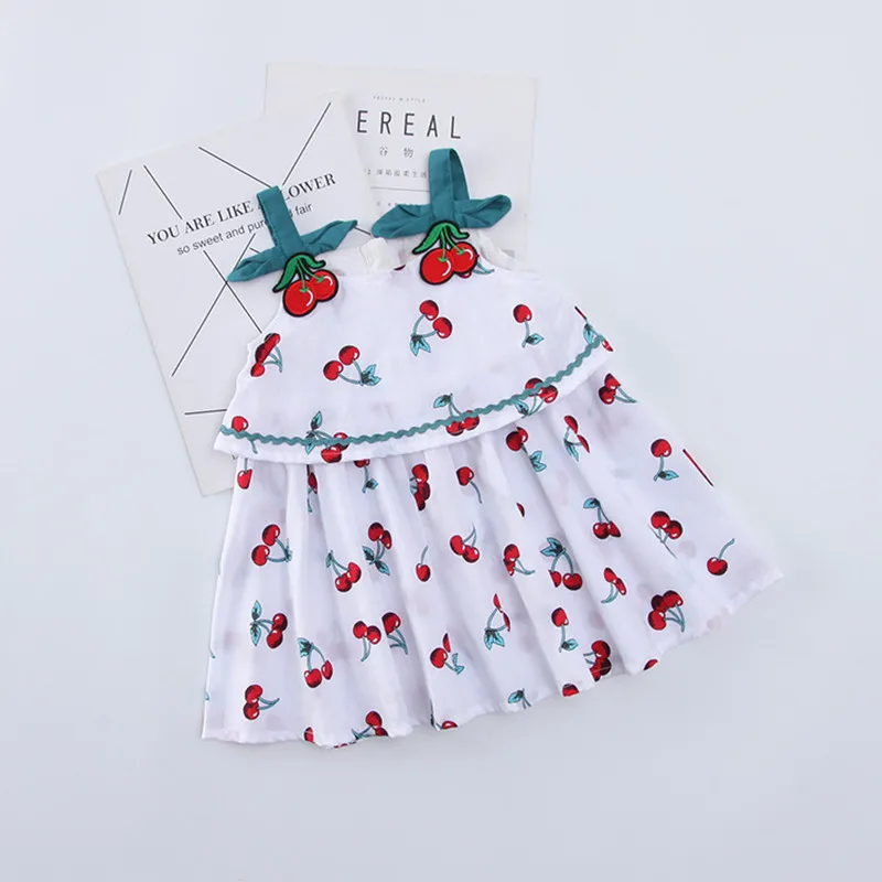 

DFXD Korean Style Little Girls Dresses 2018 New Summer Sleeveless Cotton Cherry Print Embroidery Collar Toddler Dress 2-7Y