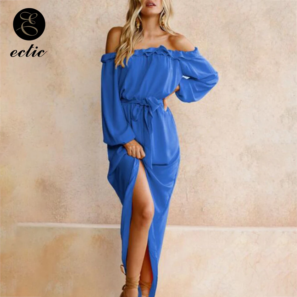Off Shoulder Ruched Thigh Slit Dress Sukienka Plain Maxi Long Sleeve Women Robe Femme Ete 2021 Back Short Front | Женская одежда