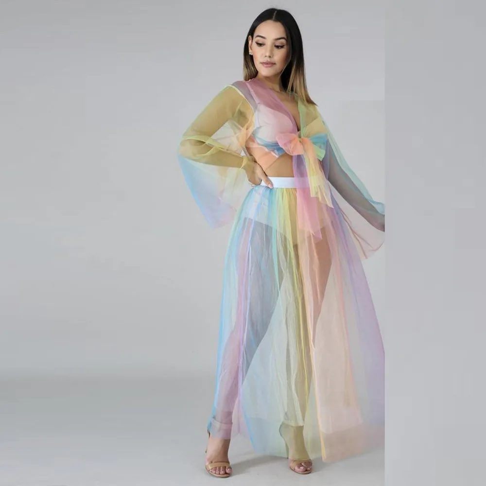 2019 Женский Летний Пляжный Радужный сетчатый секси галстук топ короткий макси