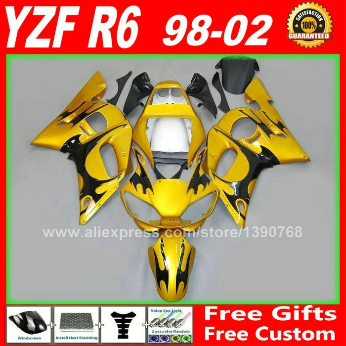 Лидер продаж! Комплект обтекателей для YAMAHA R6 1998 2002 комплект с золотым и черным