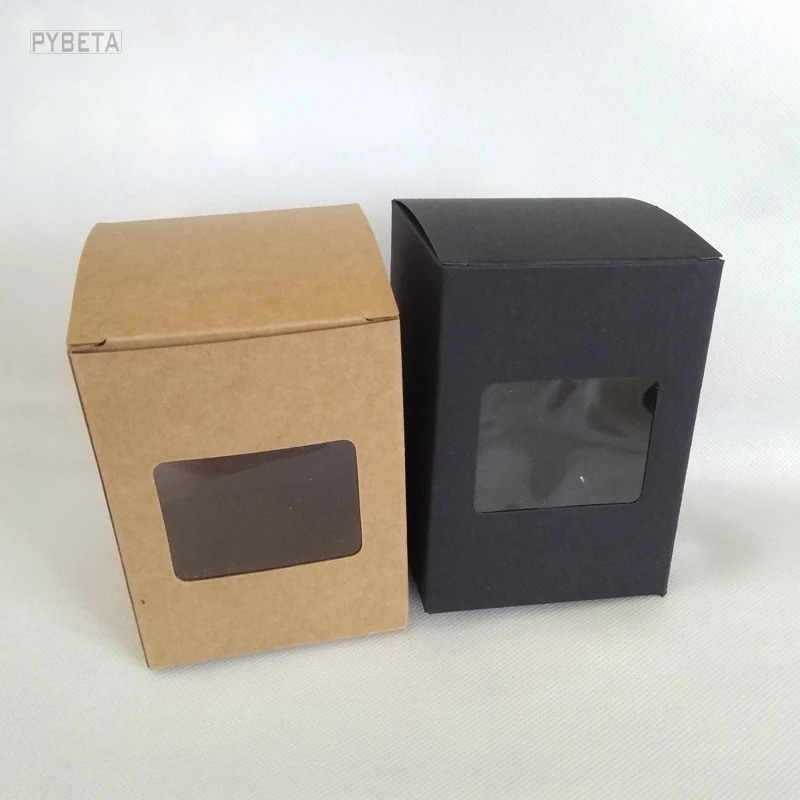 

25pcs/lot- 7.5*7.5*10cm Kraft Paper Box with Clear PVC window Black candle toys sample candy party gift packaging boxes
