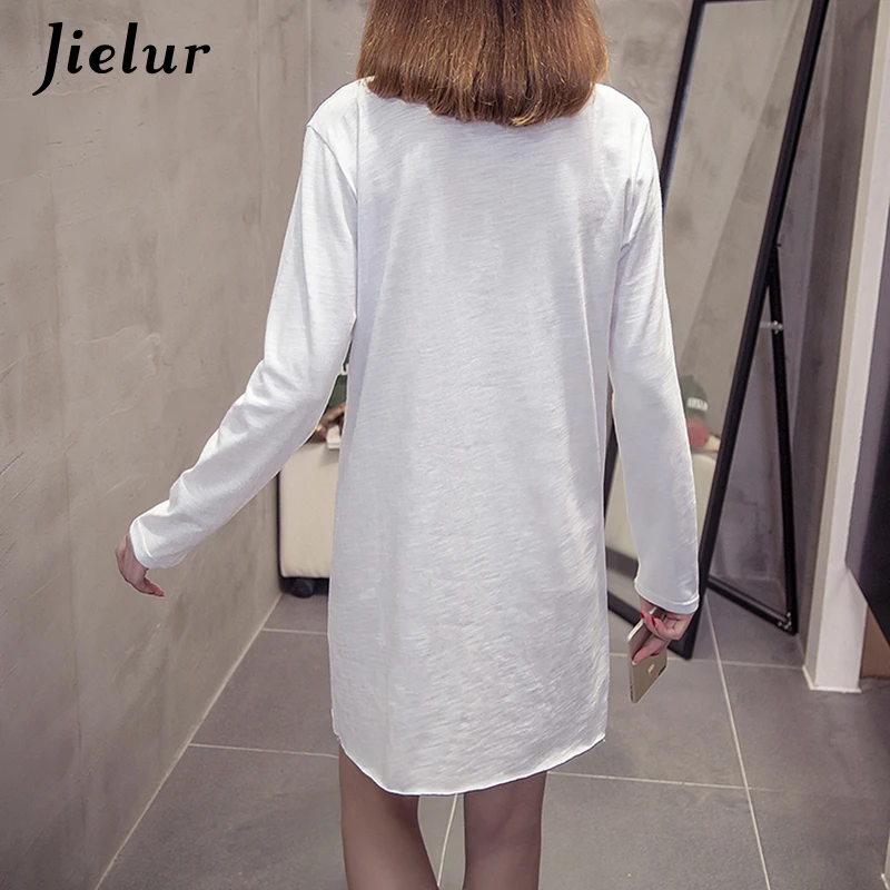 Jielur осенние белые черные топы хлопковые женские корейские футболки с длинными
