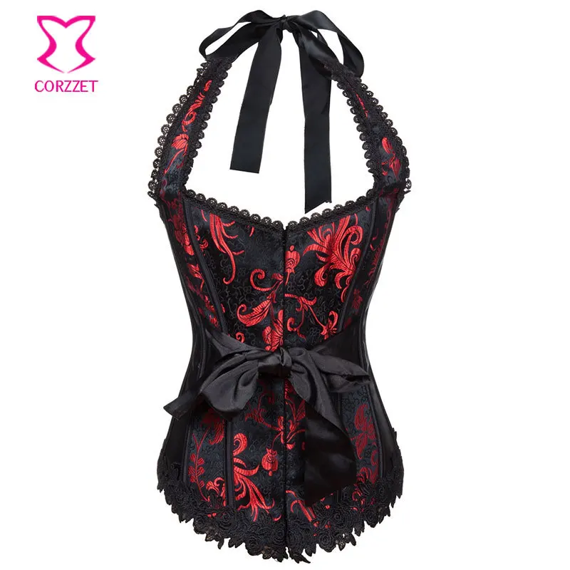 Черный и красный цветочный вышитый Холтер сексуальный корсетный Корсет Топ
