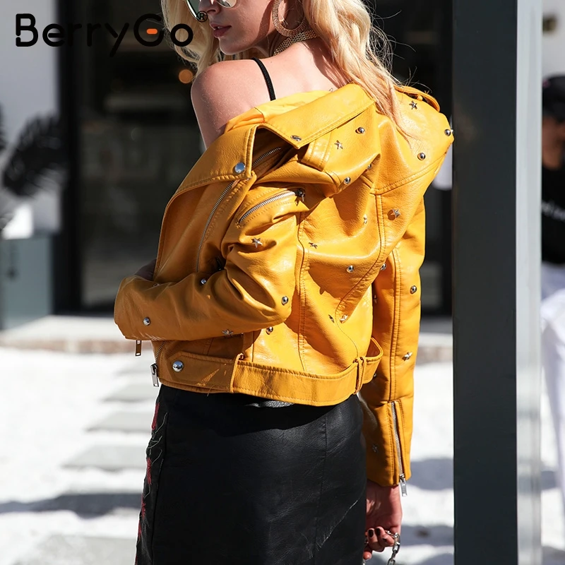 Куртка BerryGo Женская из искусственной кожи с заклепками на молнии|faux leather coat|leather