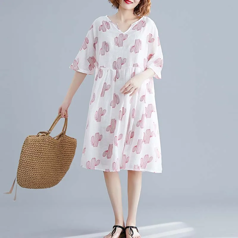 Женское свободное платье средней длины винтажное из хлопка и льна с принтом