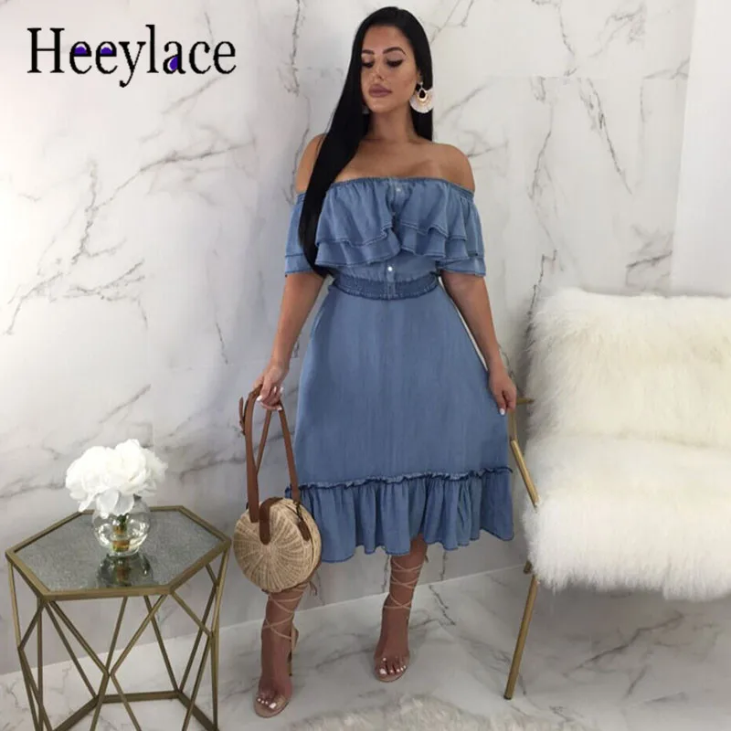 Элегантное мягкое лоскутное джинсовое платье vestidos женское с открытыми плечами и