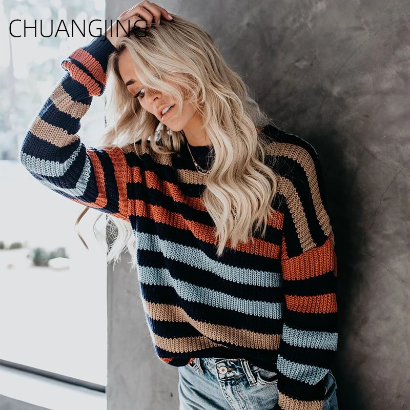 New Casual Autumn Winter Knitted Sweater Women Long Sleeve O-neck Striped Plus Size Pullover Ladies Streetwear | Женская одежда