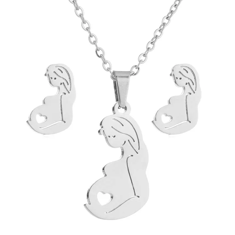 necklace set 058 Hfarich Мода Кролик Дерево Микки крест молния кулон из сердца с цветами ожерелье из нержавеющей стали ожерелье, комплект украшений для женщин - Окраска металла: necklace set 058