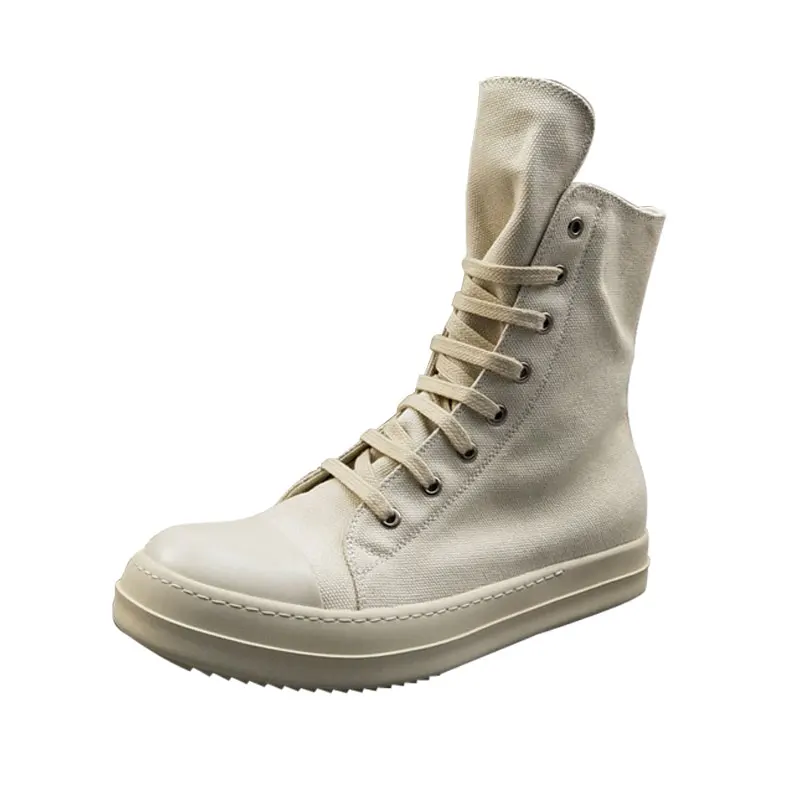 Men Casual Canvas Shoes High Luxury Trainers Lace-Up Zip Spring Male Basic White Brand Flats | Обувь
