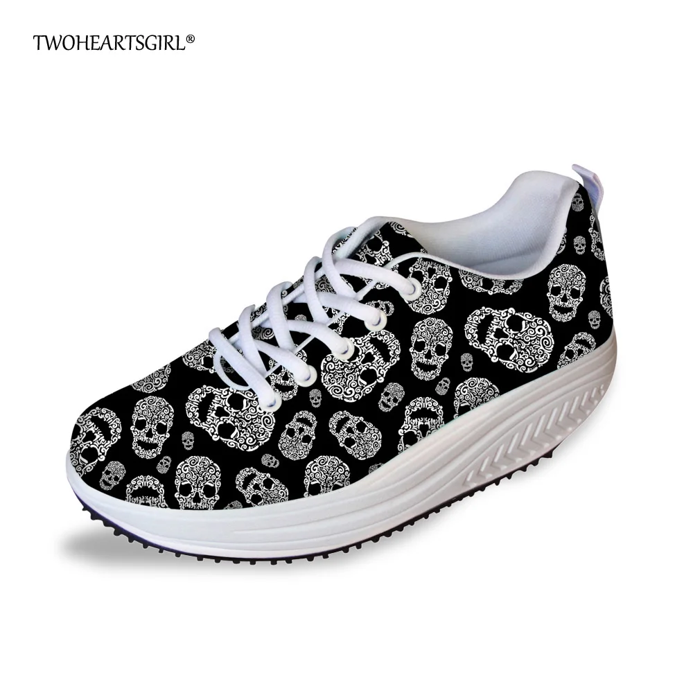 Twoheartsgirl Classic Black Skull Swing Shoes Height Increasing Slimming Shoes Breathable Trend Women Platform Shoes Sneakers