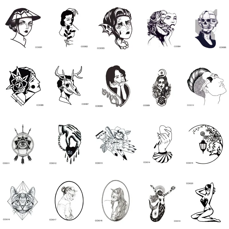 

Rocooart CCSEX1 Vintage Old School Style Kitty Cat Head Women Skull Mask Temporary Tattoo Sticker Body Art Fake Taty