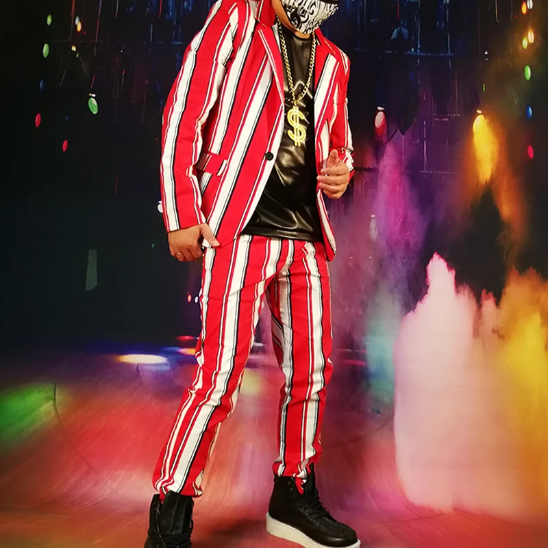 

Custom Made Stage Clothing (jacket+pant) Sets Men Fashion Casual Hip Hop Stripe Blazers Jacket Male Party Stage Singer Costume