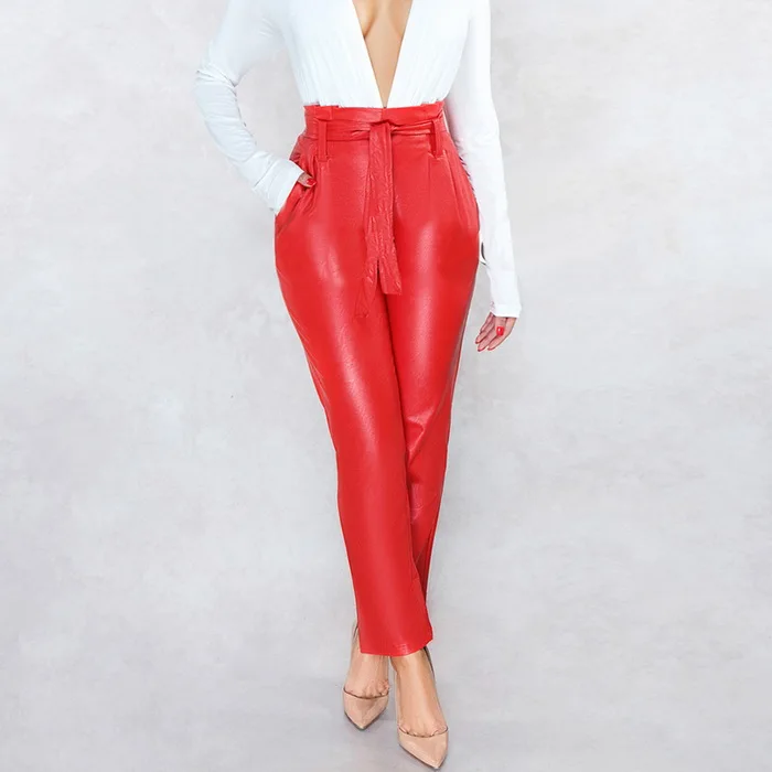Хит продаж женские новые кожаные брюки с высокой талией в европейском и