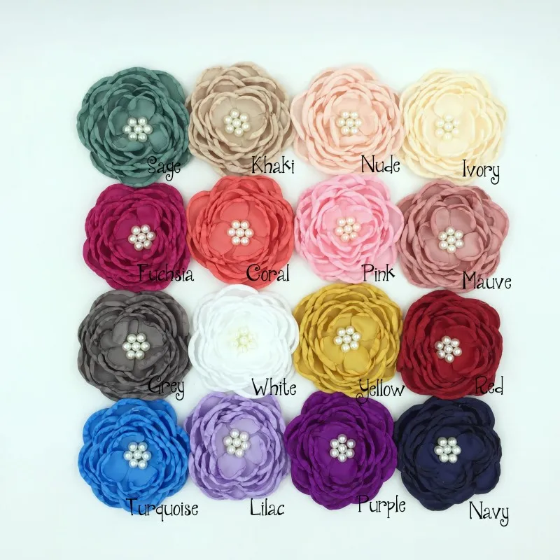 

100Pcs/Lot 4" Layered Satin Flowers Without Hair Clips DIY Crafting Accessories Handmade Flower Pearl Hair Band Clips Sashes