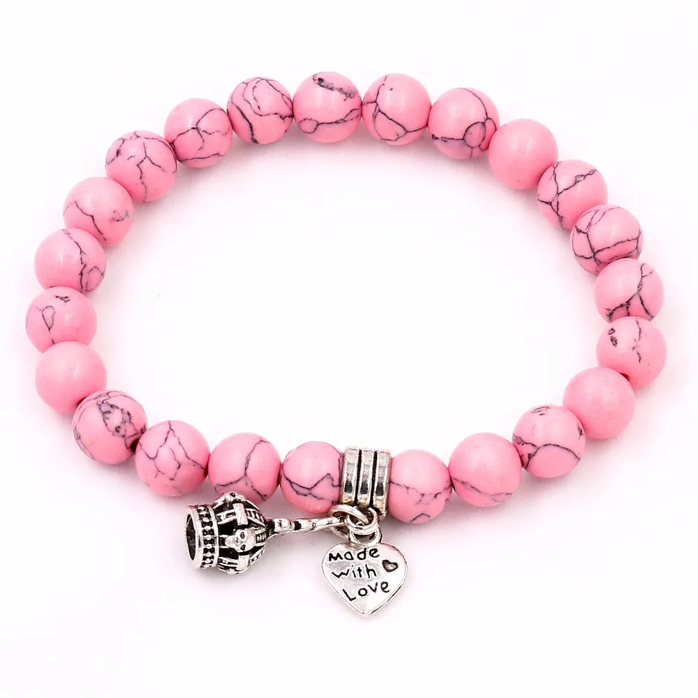 Женский браслет с Розовым Мрамором Очаровательная корона в форме сердца