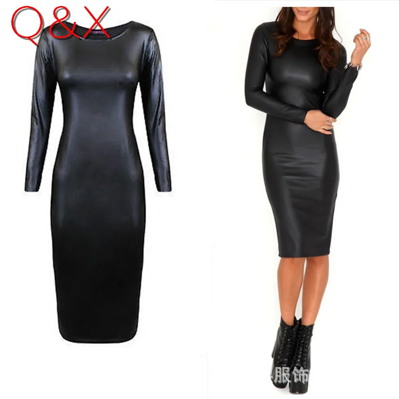 Женское Короткое платье из искусственной кожи с длинным рукавом|vestidos f|faux leather