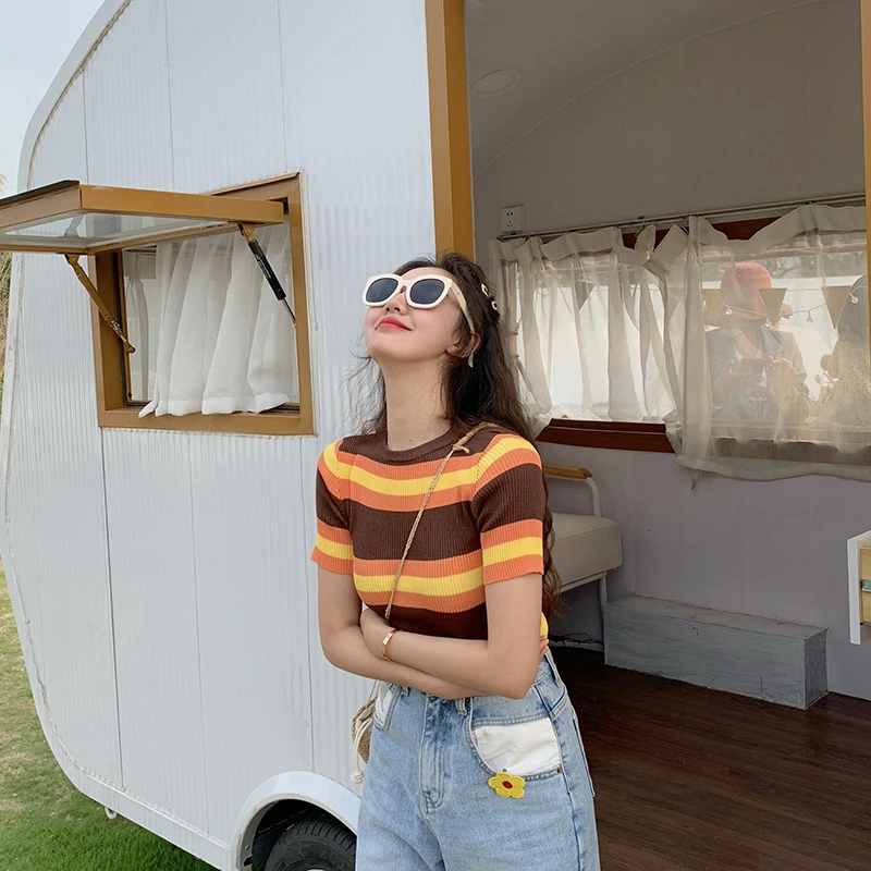 2 цвета лето 2019 корейский стиль полосатый свитер тонкий вязаный Топ короткий