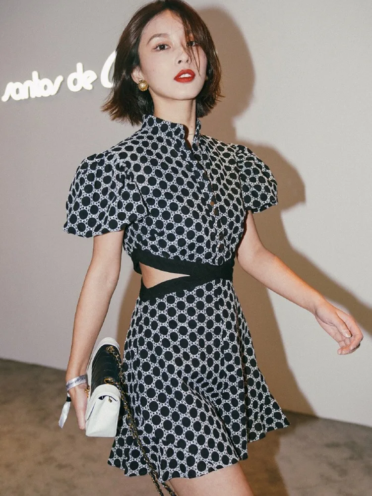 Pinkoz Short Sleeve Hollow Jumpsuit Puff Sleeve Polka Dot Jumpsuit Slim Sexy New Runway Design Playsuit Rompers Overalls