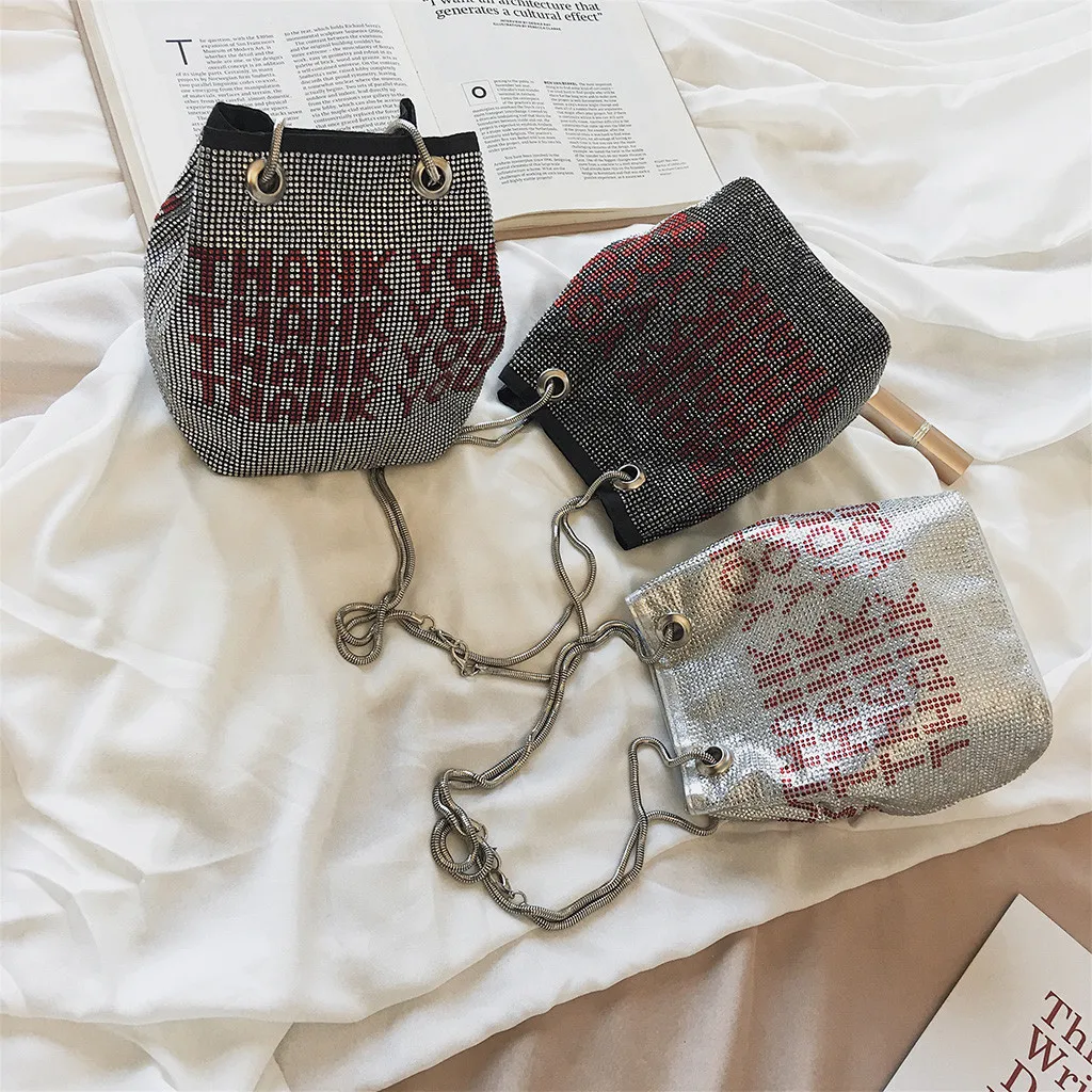 Fashion Casual Summer Women's Multicolor Bright Diamond Package Chain Letter Bucket Bag Small Square Beach Simple Bag