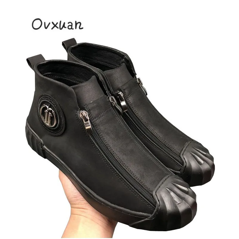 Черный OVXUAN/модные высокие кроссовки на молнии с металлической пряжкой; мужская повседневная обувь; модные мужские уличные модельные лоферы на плоской подошве - Цвет: Черный