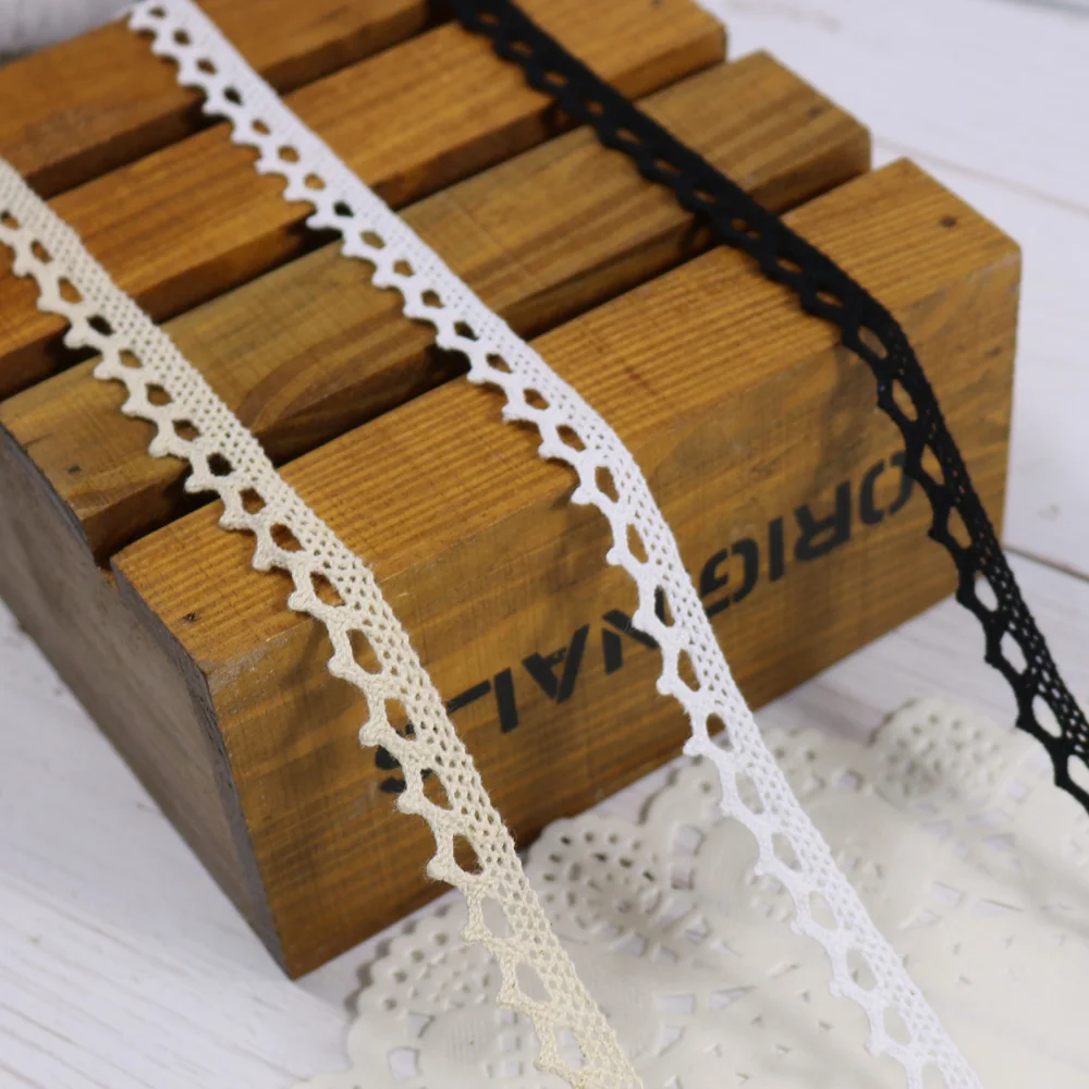 100% Cotton Lace Ribbon 50Yards Width 10-11mm White Black Beige Color Sewing Tape, Beige Lace Webbing, Cluny Lace Trim Ribbon