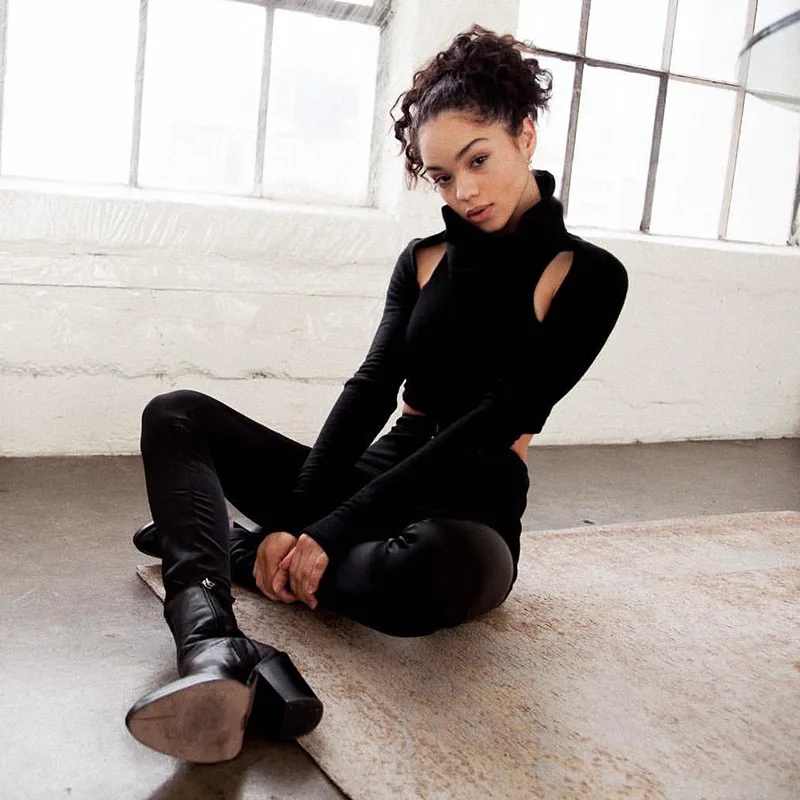 Unicorn Rushed Full Tumblr New Autumn And Winter 2019 High Collar Long-sleeved Hollow Women's Thin Section Backless T-shirt | Женская