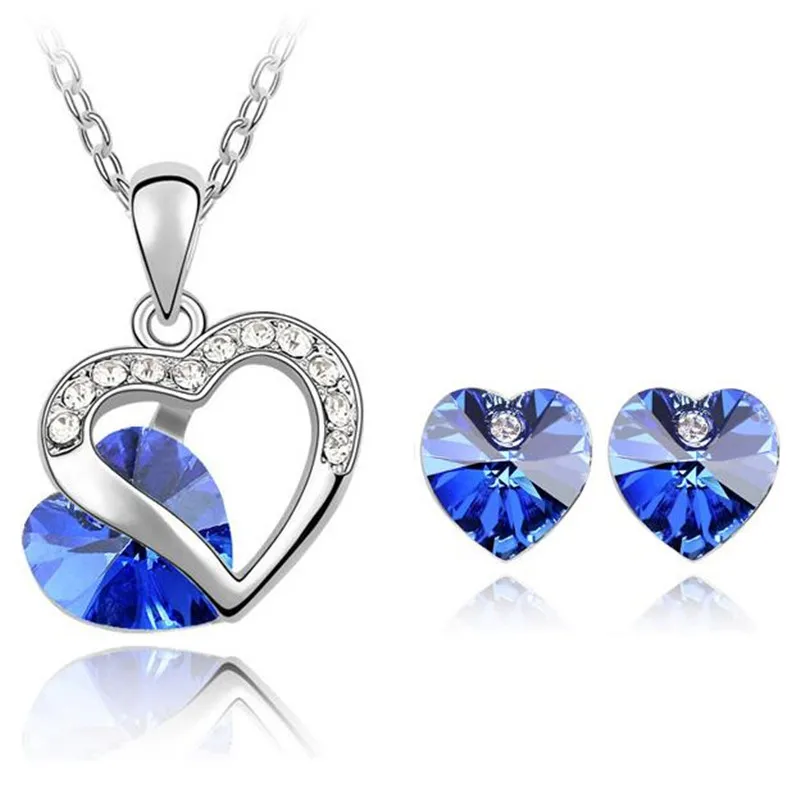 SHDEDE кристалл Swarovski сердце кулон ожерелье серьги гвоздики Свадебные вечерние Ювелирные наборы Подарки для женщин-4351 - Окраска металла: Blue