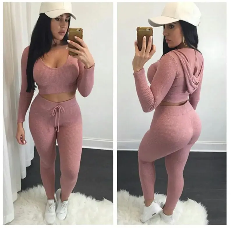

2019 spot the European and American fashion sexy midriff pencil feet pants two-piece dress Pure color knitted suits