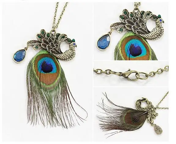 New Hot Long Vintage Jewelry Ancient Brown Peacock Feather Bohemia Necklace Statement Necklaces Retro Collares Mujer For Women | Украшения
