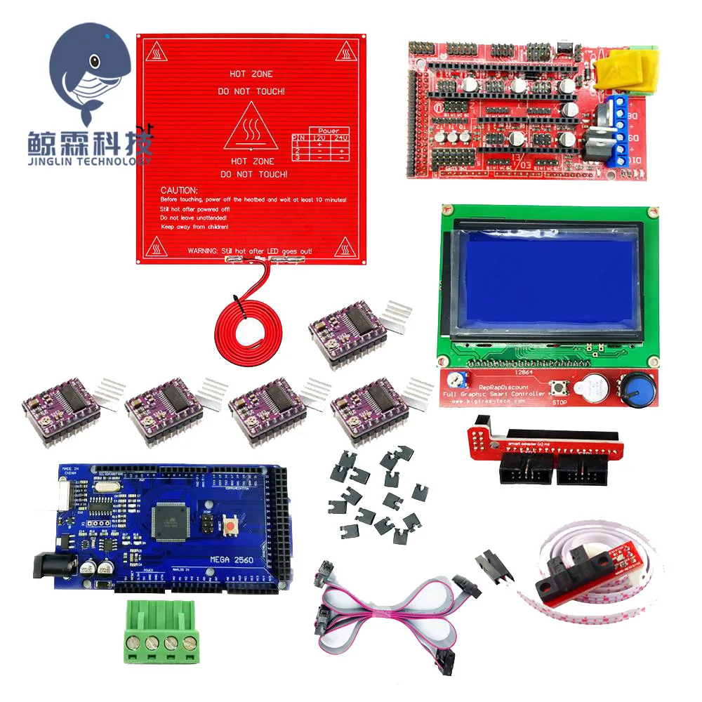 3d Принтер Комплект MK2B кровать с подогревом+ Mega 2560 R3+ RAMPS 1,4+ lcd 12864+ 6x оптический переключатель фиксатор+ 5x DRV8825 Драйвер шагового двигателя