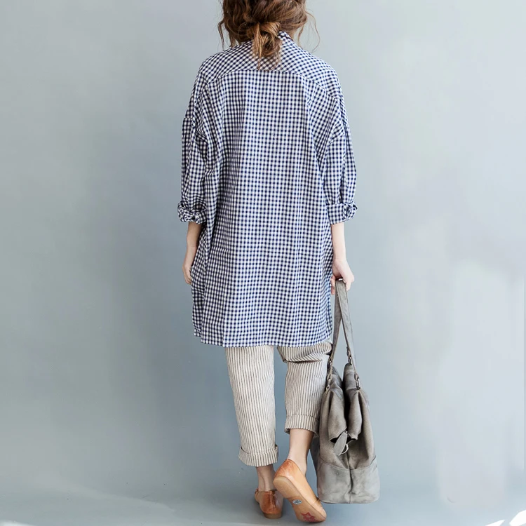 Новинка осени 2017 Женская длинная рубашка винтажная Классическая клетчатая