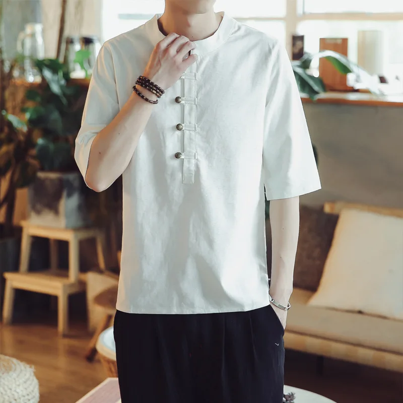 

Men's Asian size chinese style 80s shirts New Fashion short sleeve male casual Linen cotton shirt Brand clothes camisas