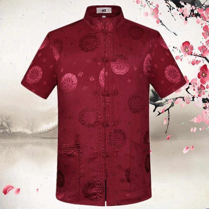 Летний костюм Тан шелковая рубашка с коротким рукавом китайская Бордовая
