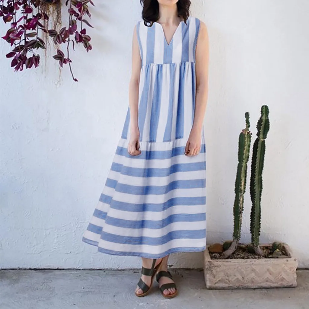 Летнее платье женское без рукавов в полоску с v-образным вырезом вечерние