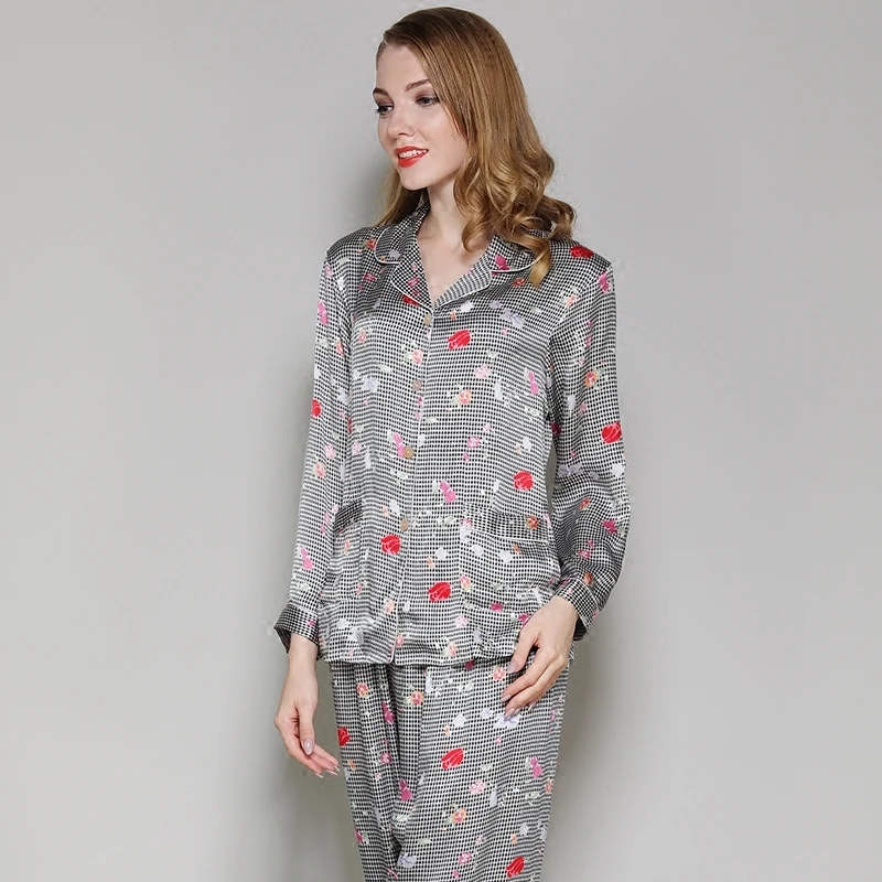 Womens Silk Pajamas Sets 2019Woman Plaid Full Sleeve Pants Silk Nightgown Lady100% Silk Satin Pyjamas Sleepwear Loungewear sets