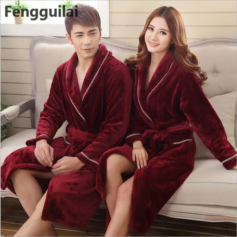 

Winter Warm Coral Fleece Couples Bathrobes Long -Sleeved Bath Robe Male Female Thickening Bathrobes Dressing Gown Peignoir