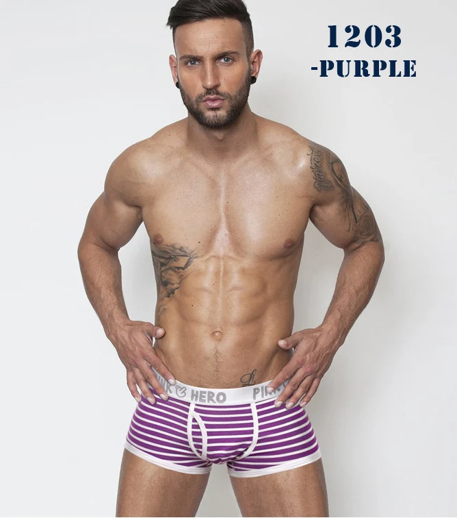 purple Розовое Брендовое Мужское нижнее белье из хлопка Cueca мужские полосатые Лоскутные трусы шорты, мужские боксеры классические трусы 6 видов 904 - Цвет: purple