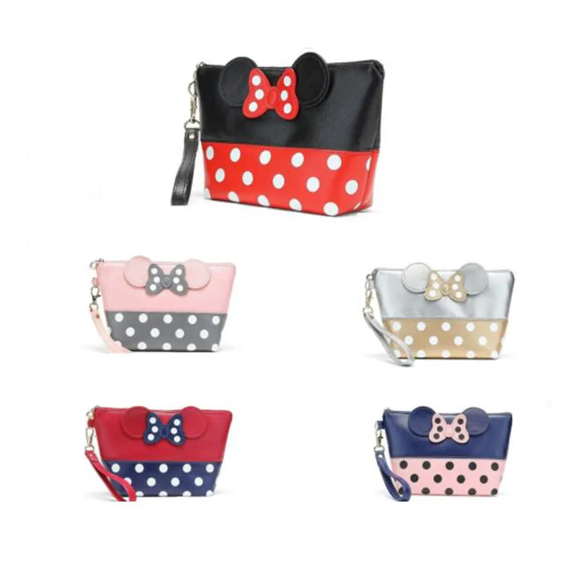Модные с Микки Маусом узором в горошек бантом Водонепроницаемый косметичка из ПУ