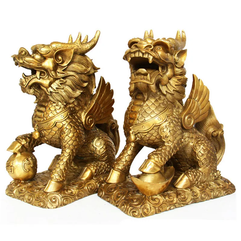 

Golden Brass Chi Kylin Wealth Prosperity Statue Feng Shui Animal Figurine Art Sculpture Art&Craft Home Decoration 2Pcs/set R173