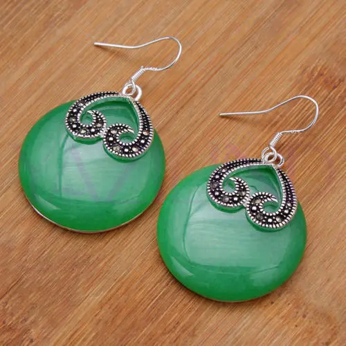 

whosale vintage green stone elegant royal Tibet silver earrings