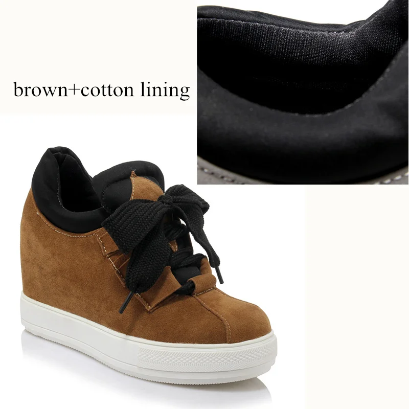 brown with cotton Новинка года; сезон осень-зима; теплые кроссовки для женщин; теплые зимние ботинки на меху со скрытым каблуком; женская модная повседневная обувь на танкетке; цвет красный, черный - Цвет: brown with cotton