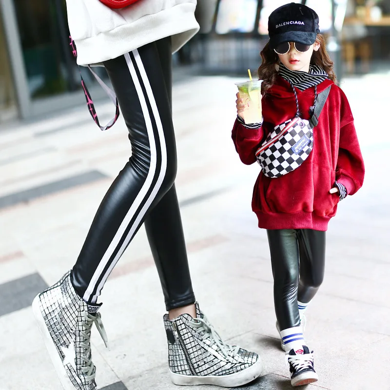 

Kids 2017 Winter PU Fleece Pants Children Girls Faux Leather Mid-waist Trousers Big Girls Striped Leggings School Clothing