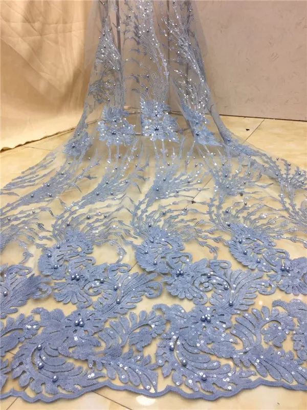 

2019 Latest beads French African Lace Fabric High Quality Sequins African Embroidered Tulle 3d Lace Fabric for Wedding Sky blue