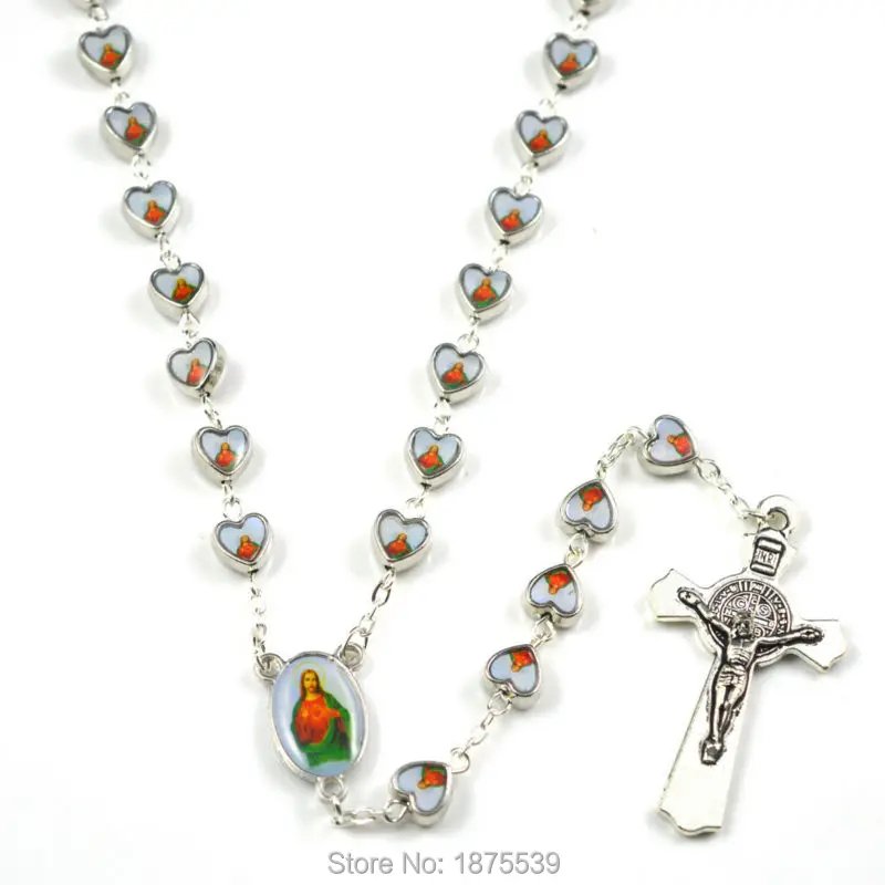 Jesus heart alloy bead rosary necklace with same picture centerpiece and benedict cross |